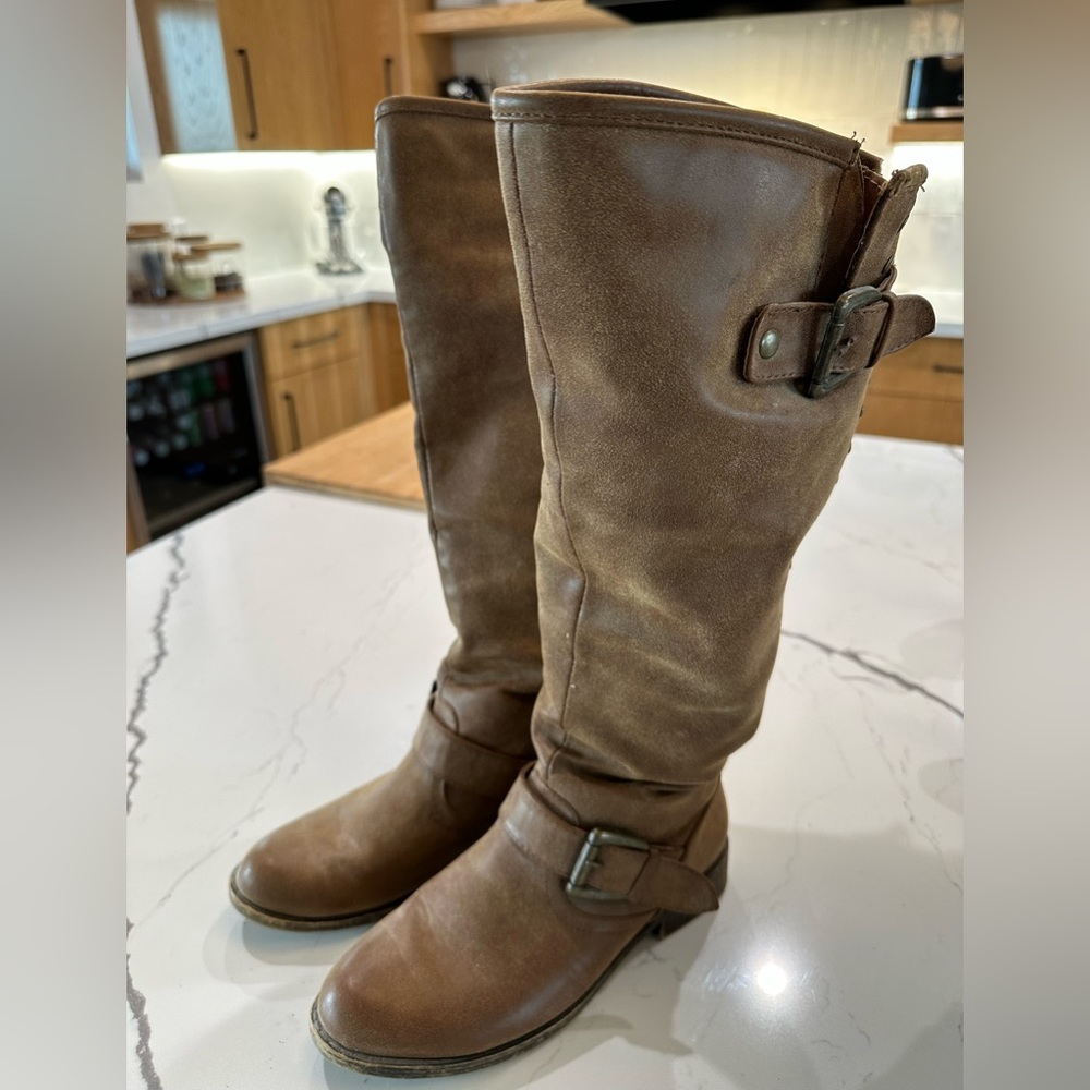 Brown Tan Tall Boots with Red and Brass Detailing Size 6.5